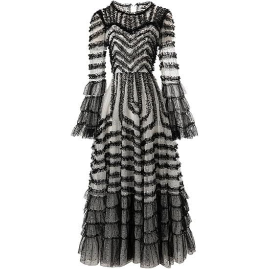 Robe à volants rayée en dentelle superposée pour femme