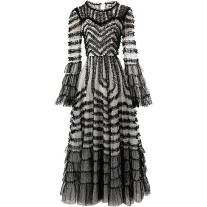 Robe à volants rayée en dentelle superposée pour femme