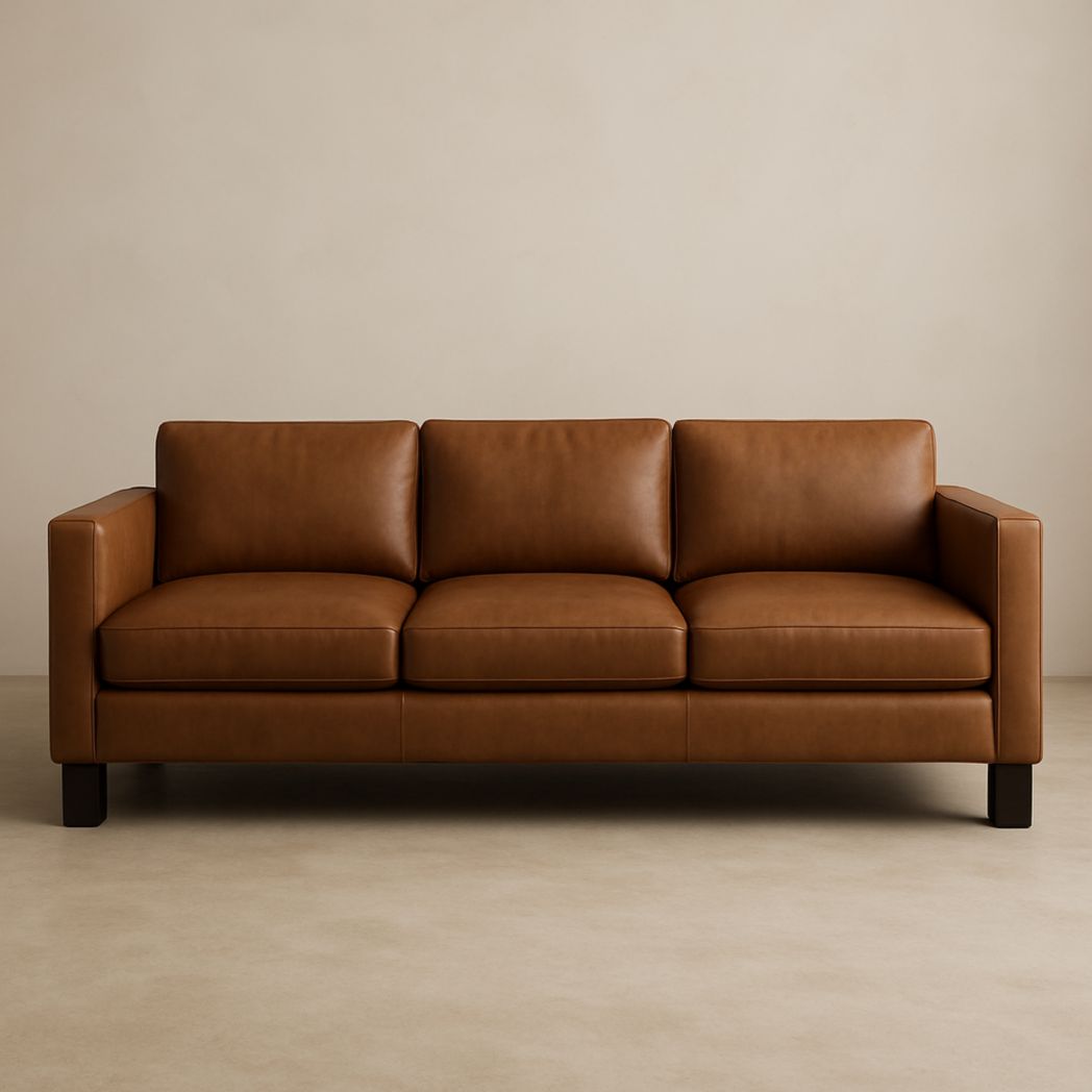 Sofá rectangular de tres plazas, estructura de madera, cuero sintético PU, color marrón 220x90x85 cm-Villageforms