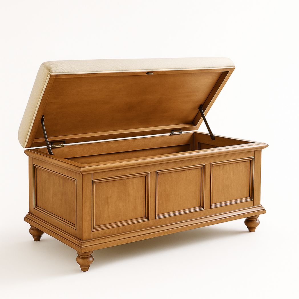 Banco de Almacenamiento Rectangular Madera Maciza y Tapizado de Tela Beige 120x50x45 cm-Villageforms