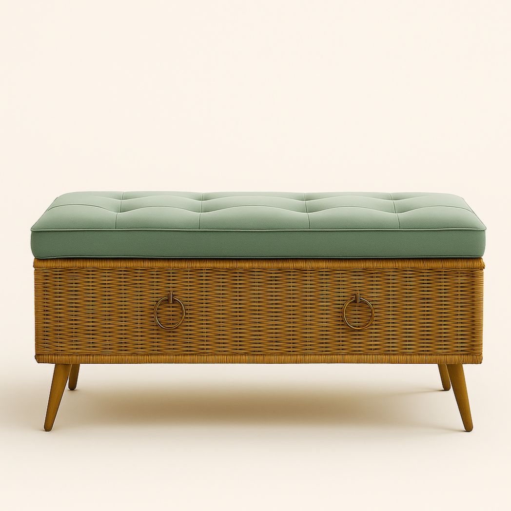 Banco de Almacenamiento Tapizado de Espuma PU Verde/Aspas de Mimbre Natural 100x40x45 cm-Villageforms