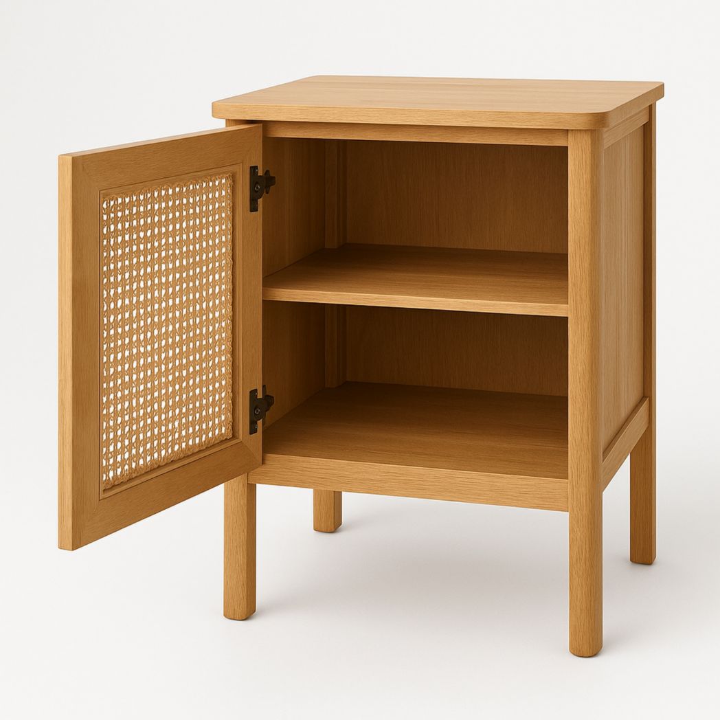 Mesilla de Noche de Madera con Puerta de Ratán Natural 45x55x35 cm-Villageforms
