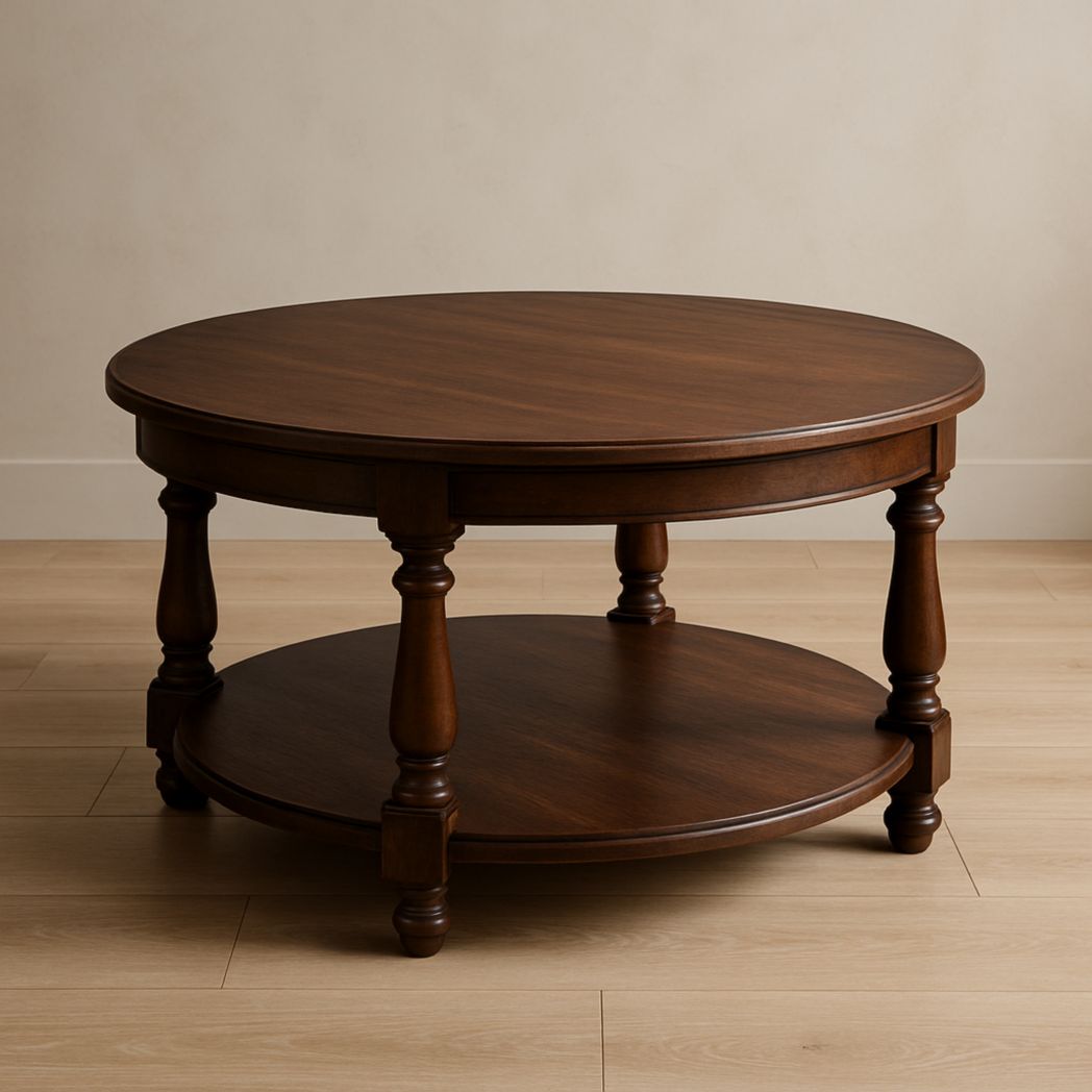 Mesa de Centro Redonda de Madera Maciza Marrón con Estante Inferior 90x45 cm-Villageforms