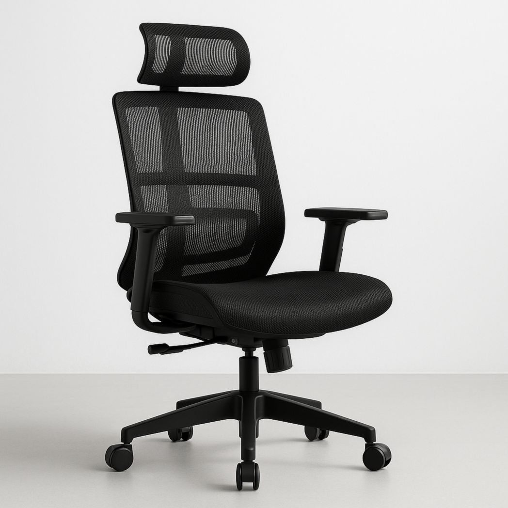 Silla de oficina con malla negra, estructura metálica, reposacabezas ajustable 120x60x60 cm-Villageforms