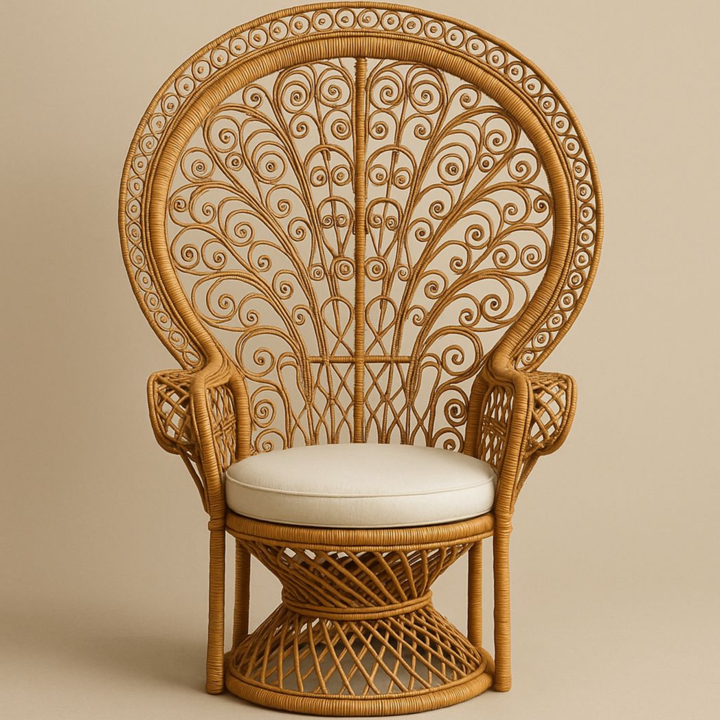 Sillón de mimbre natural con cojín beige alto respaldo 150x90x80 cm-Villageforms