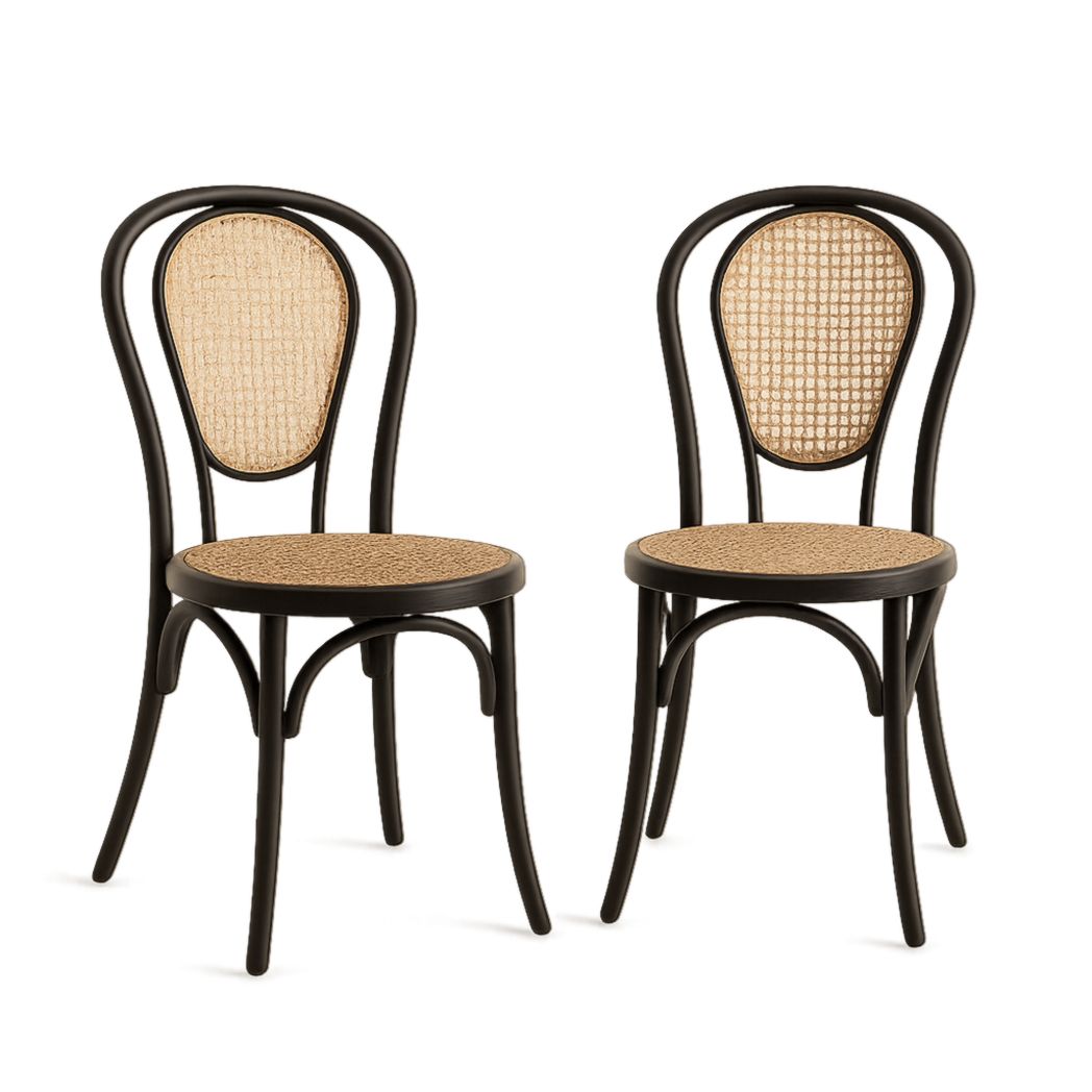 Juego de 2 Sillas de Madera Maciza y Ratán Natural Color Negro 88x43x52 cm-Villageforms
