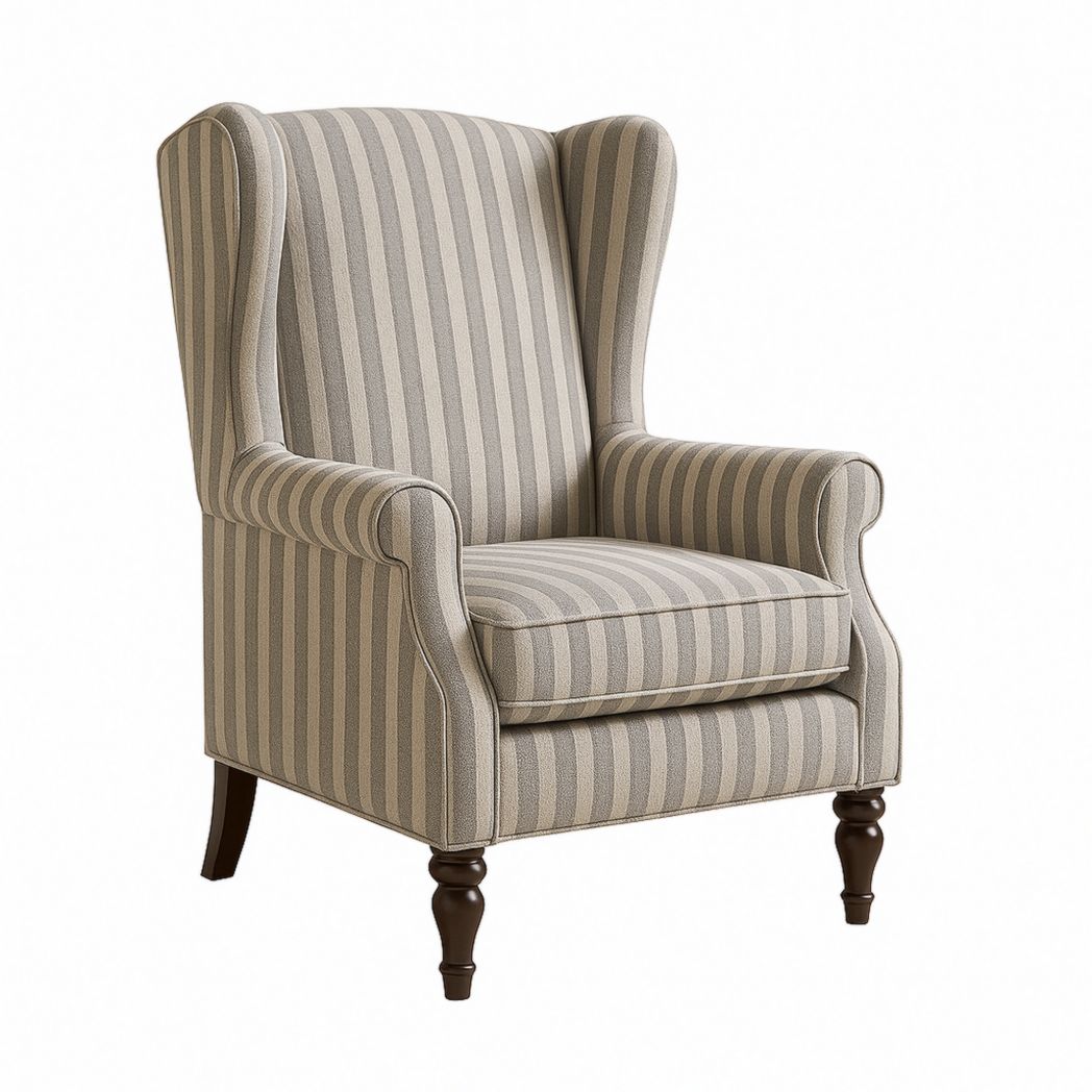 Sillón orejero de telas a rayas con patas de madera 100x85x80 cm-Villageforms