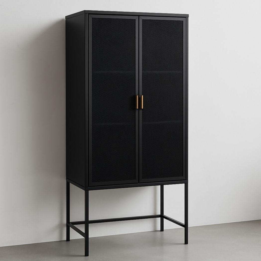 Armario Almacenamiento Metal Negro con Puertas de Rejilla y Tiradores de Bronce 90x40x180 cm-Villageforms