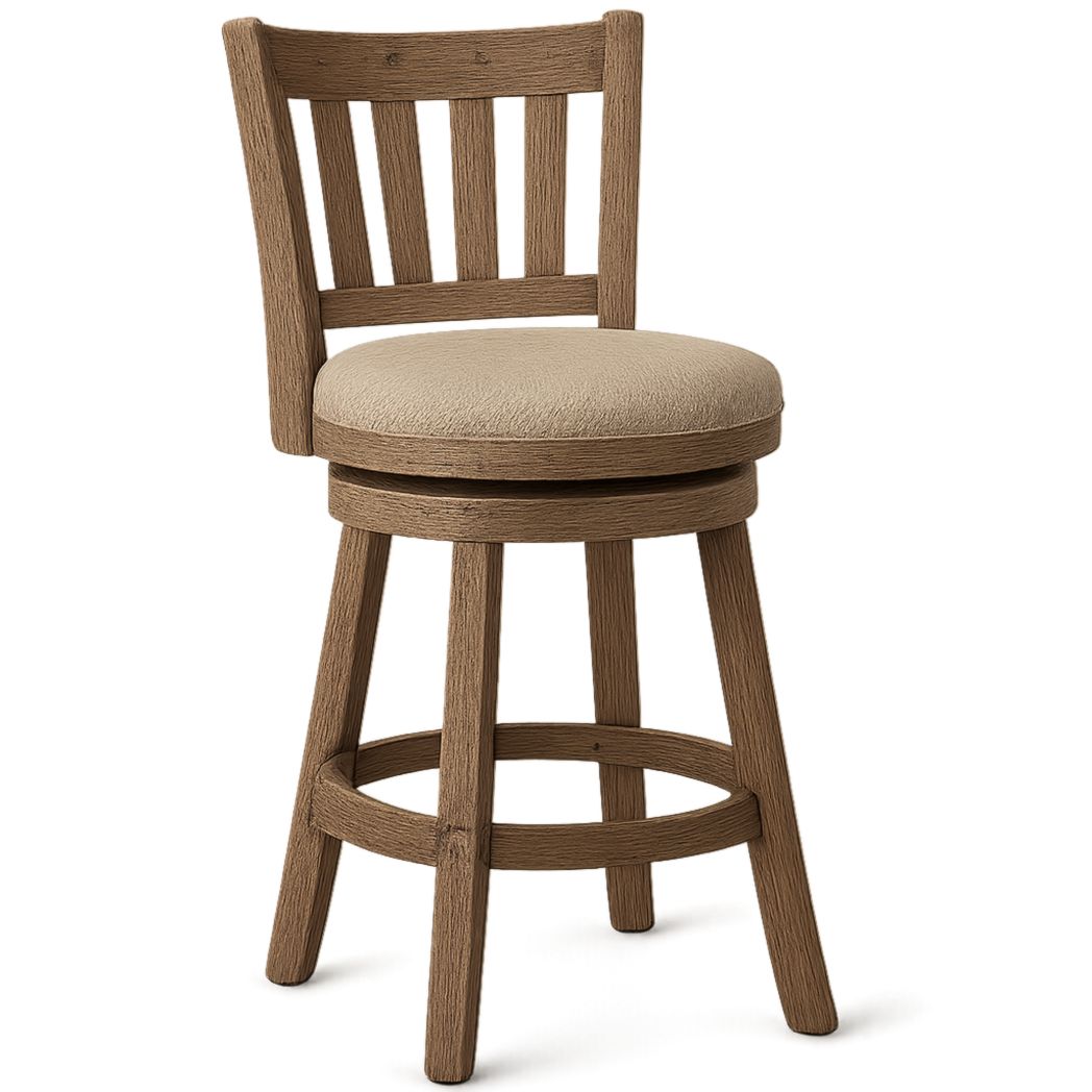 Taburete de madera de roble con asiento redondo de tela beige 75x40x40 cm-Villageforms