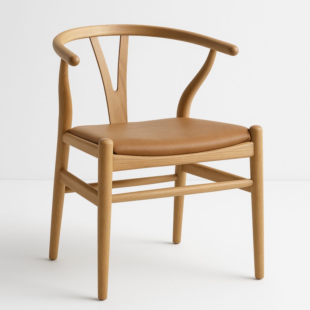 Silla de Madera Maciza Roble con Asiento en Cuero Sintético Marrón, Altura 75cm, Ancho 45cm, Profundidad 50cm-Villageforms