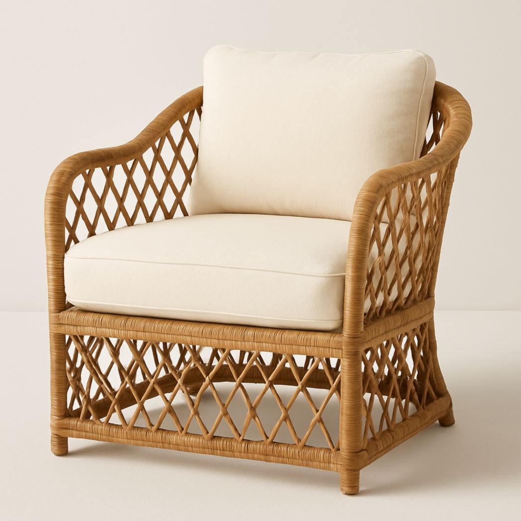 Sillón con reposabrazos de mimbre, cojín de fibra de poliéster color crema, 81x68x76 cm-Villageforms