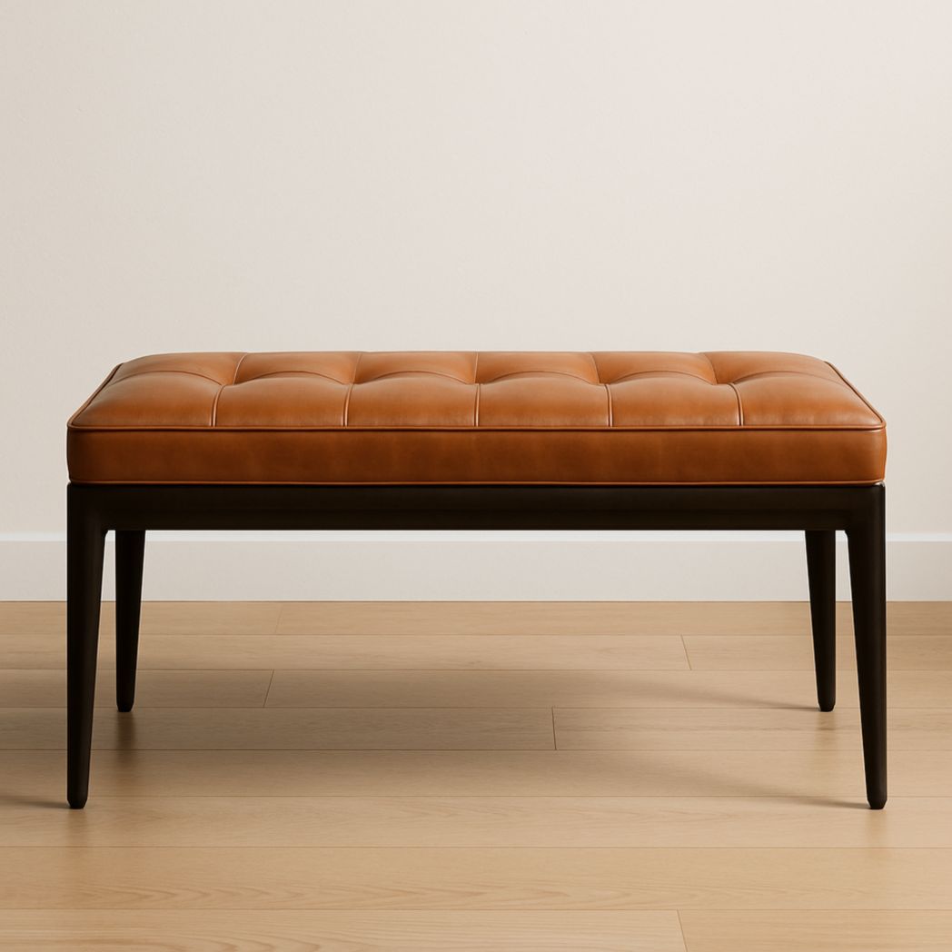 Banco rectangular tapizado en cuero sintético y madera maciza, color marrón, 120 cm x 45 cm x 40 cm-Villageforms