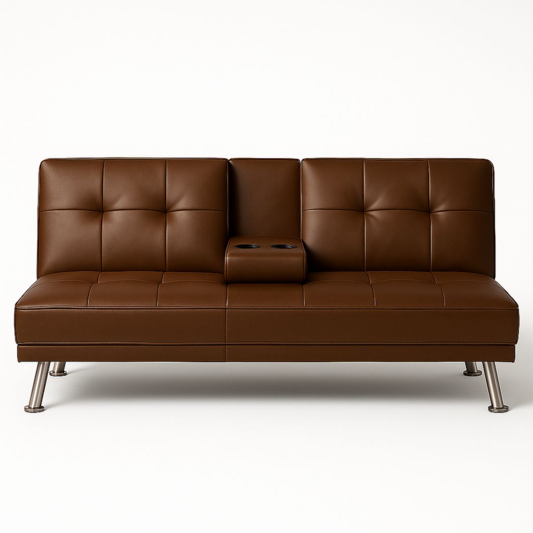 Sofá cama de cuero sintético marrón con portavasos y patas de acero inoxidable, 180x75x80 cm-Villageforms