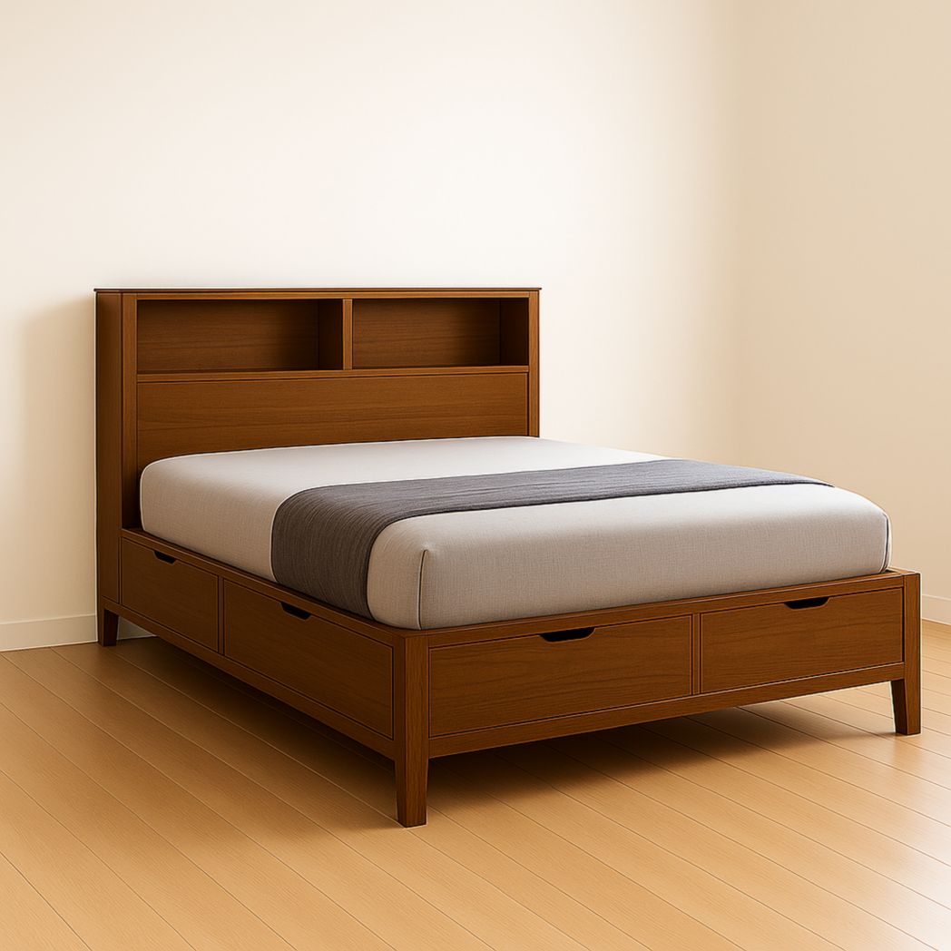 Cama doble de madera de roble con almacenamiento y estantería 200x150x110 cm-Villageforms