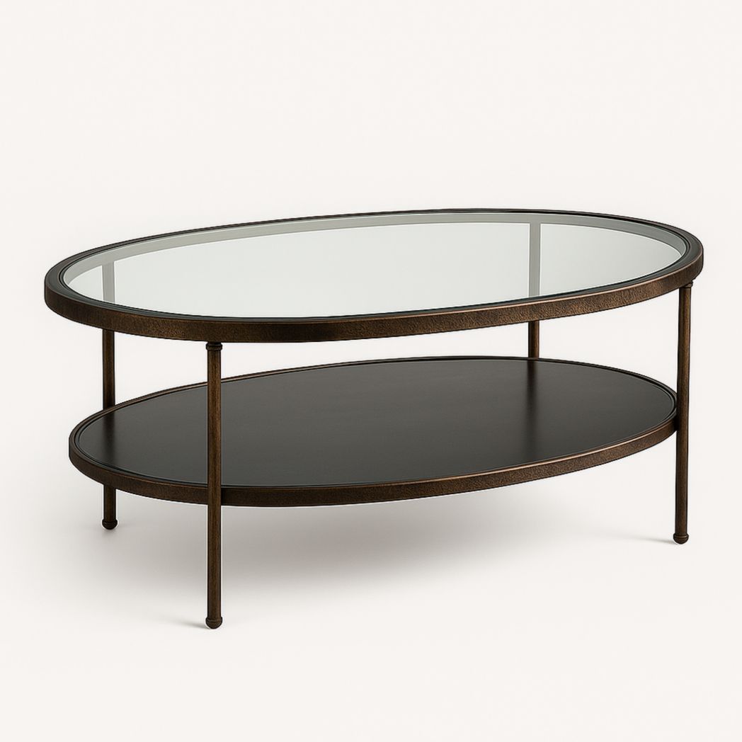 Mesa de centro ovalada de vidrio y metal con dos niveles 120x60x45 cm-Villageforms