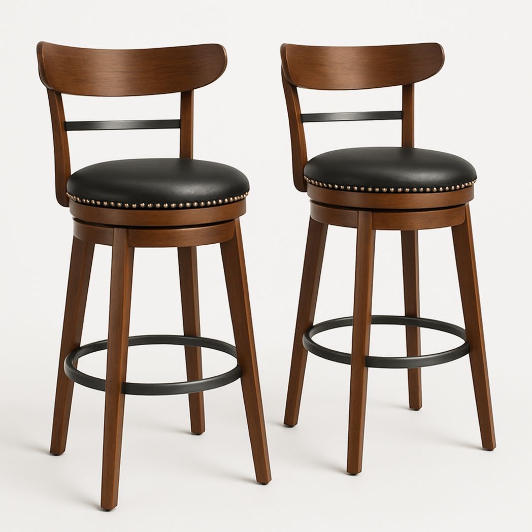 Juego de 2 taburetes altos de madera con asiento de polipiel negro 101x48x50 cm-Villageforms