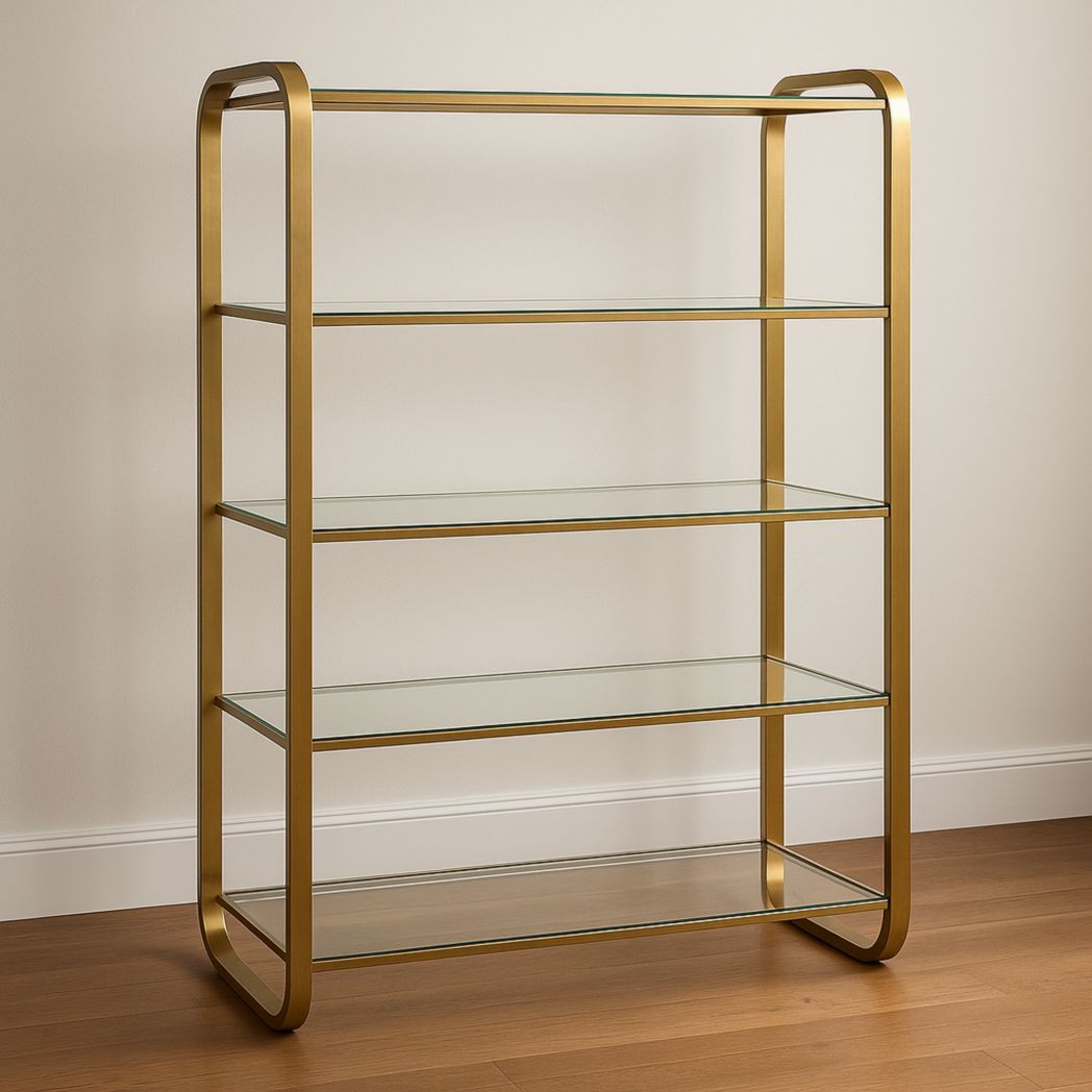 Estantería de Pie de Vidrio Templado 5 Niveles Estructura de Acero Dorado 160cm x 100cm x 35cm-Villageforms