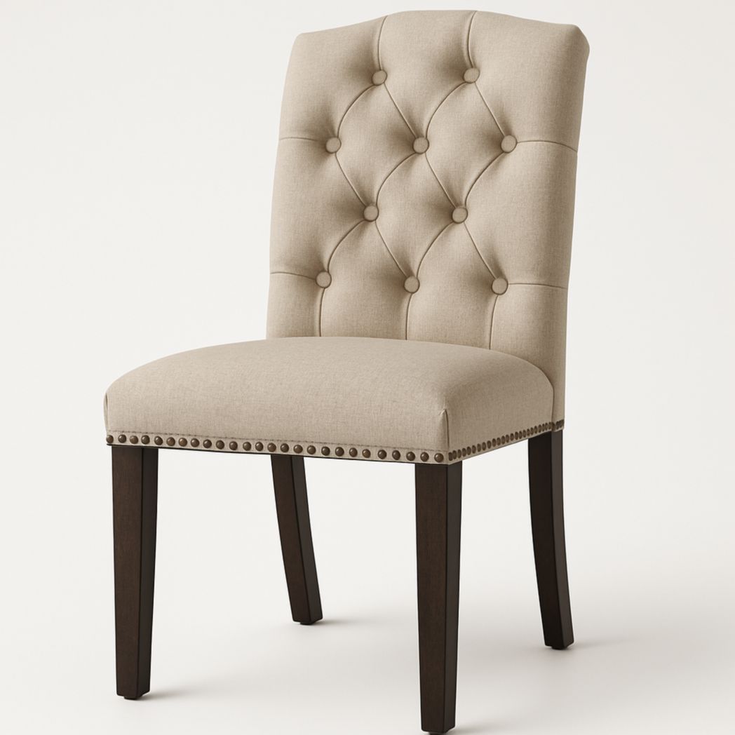 Silla con patas de madera, tapizada en lino beige con botones decorativos 50x60x95 cm-Villageforms