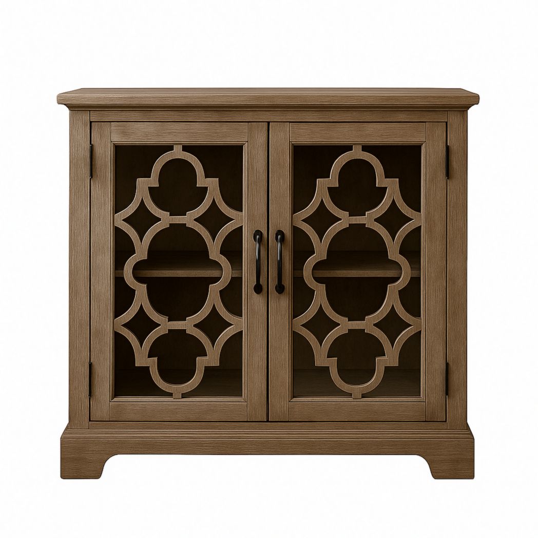 Armario de almacenamiento de madera marrón con puertas de cristal y diseño ornamental 80x40x85 cm-Villageforms