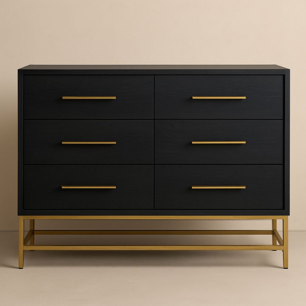 Cajonera de Madera de Ingeniería Negra con Base de Metal Dorado 6 Cajones 80x120x45 cm-Villageforms