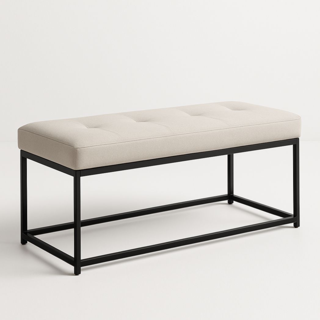 Banco tapizado de poliéster beige con estructura de acero negro 100x40x45 cm-Villageforms
