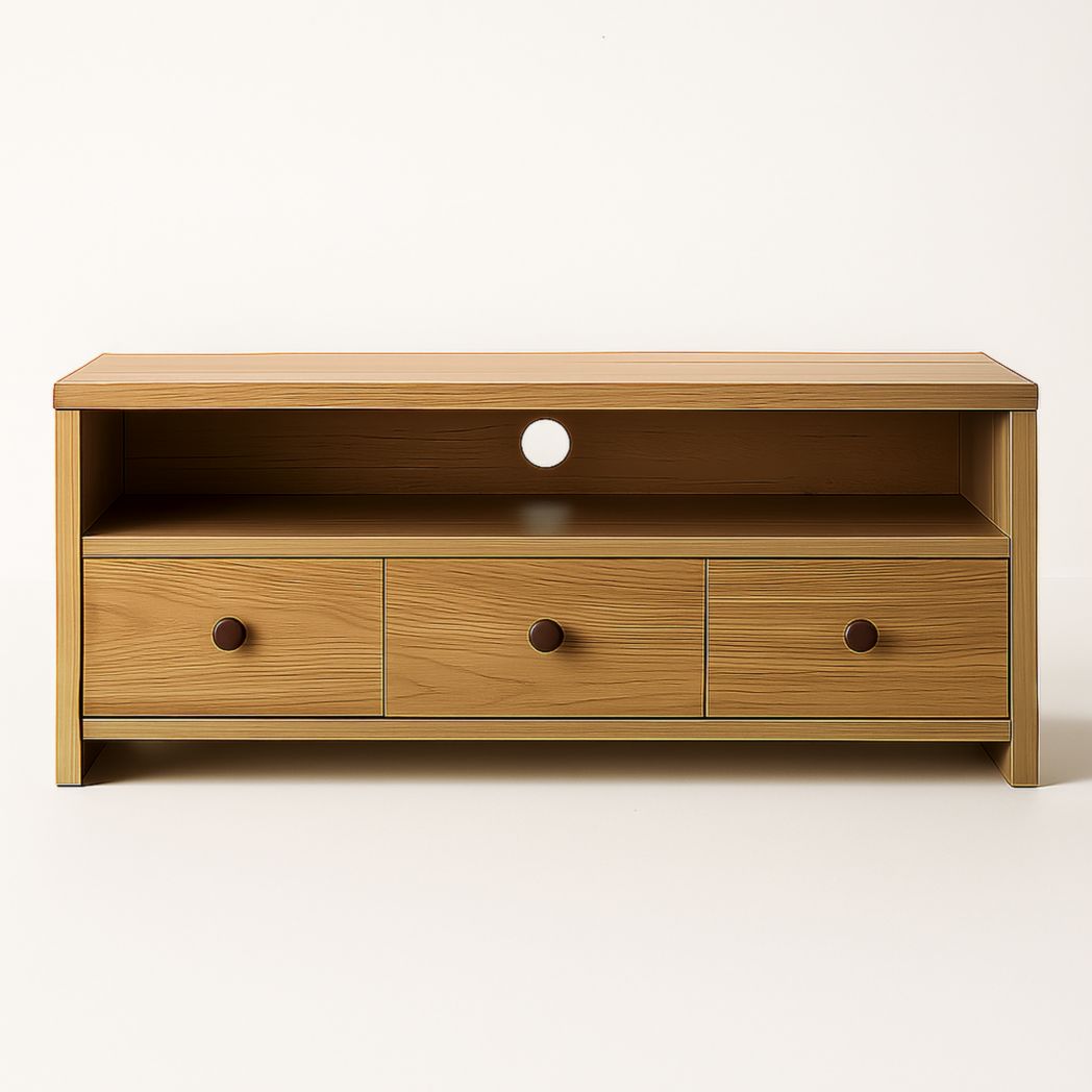 Mueble para TV de tablero compuesto color madera natural, 3 cajones con orificios para cables, 120x40x50 cm-Villageforms