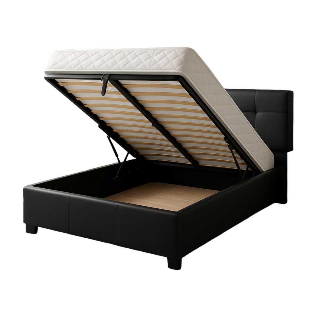 Cama elevable con almacenamiento, marco de madera y cuero PU negro, 200x160x100 cm-Villageforms