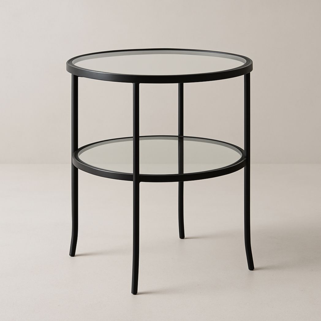 Mesa auxiliar redonda cristal templado estructura acero negro 50x60 cm-Villageforms