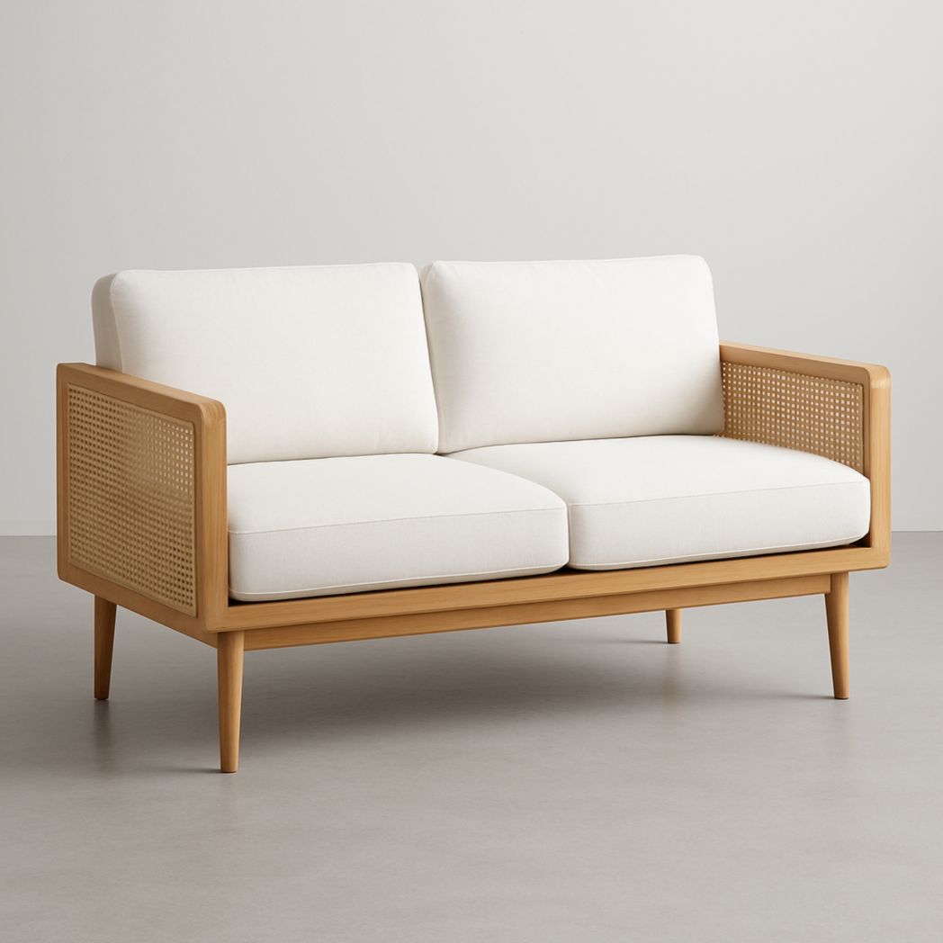 Sofá de dos plazas de madera de haya, color crema, con detalles de ratán 140x75x80 cm-Villageforms