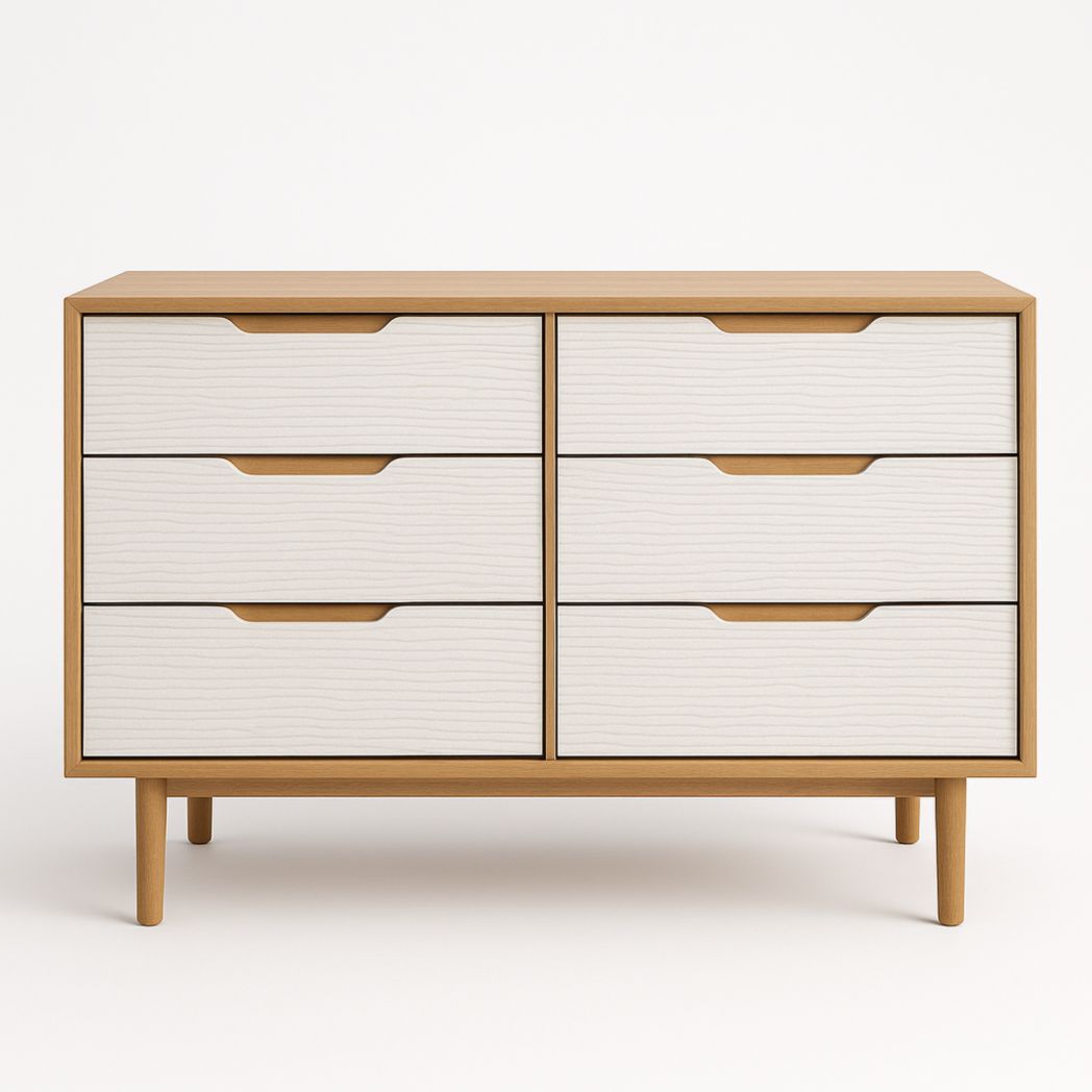 Cómoda de 6 cajones en MDF blanco con estructura y tiradores de madera maciza 120x40x80 cm-Villageforms