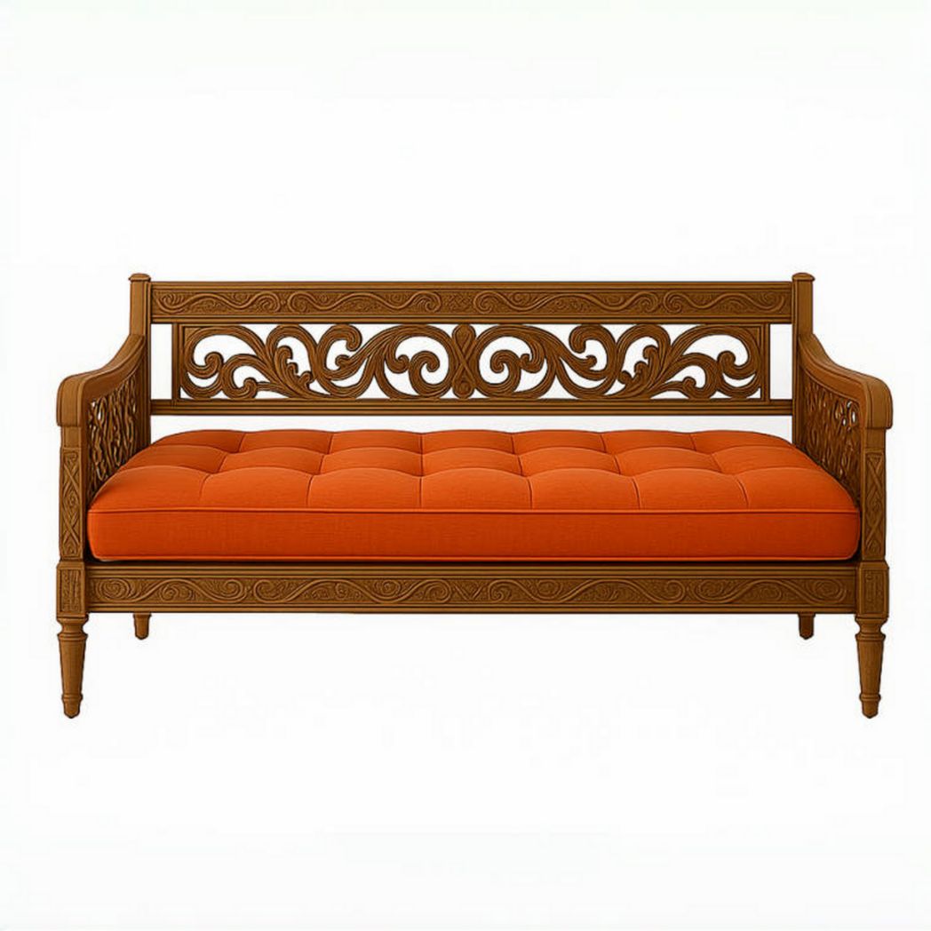 Sofá de Madera Tallada y Algodón Naranja 3 Plazas 200x75x85 cm-Villageforms
