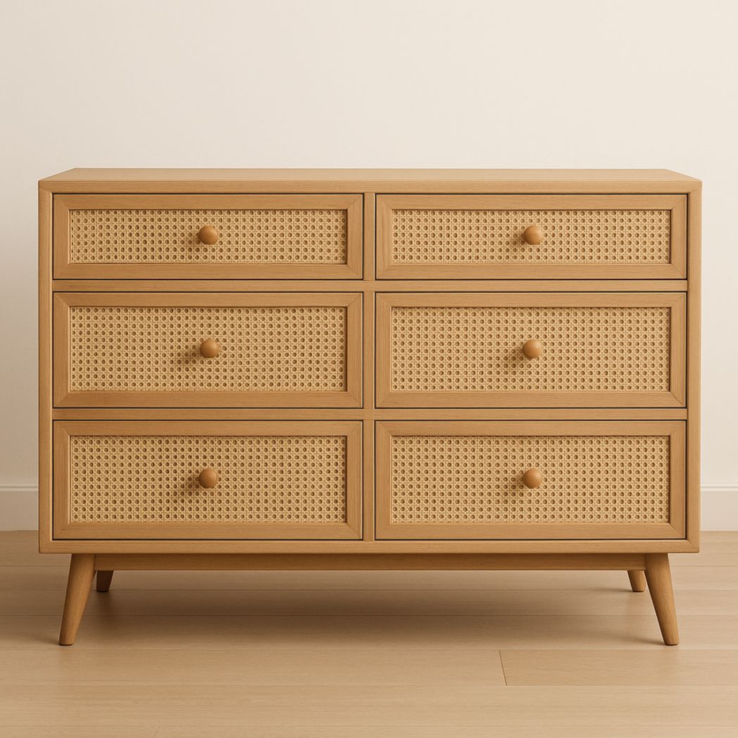 Cómoda de Madera y Ratán Color Natural con 6 Cajones 90x120x45 cm-Villageforms