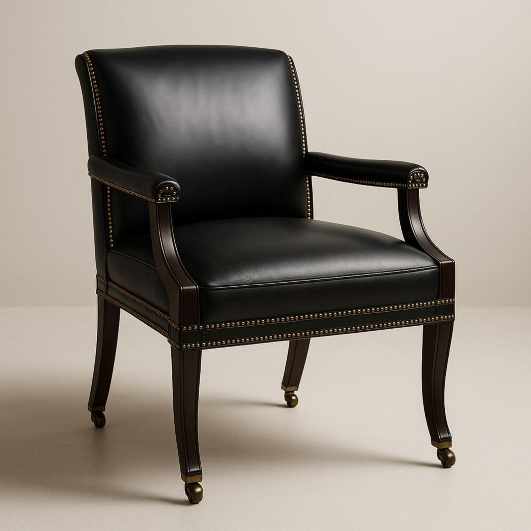 Silla de Oficina Tapizada en Piel Sintética Negra con Estructura de Madera y Ruedas 95x58x65 cm-Villageforms