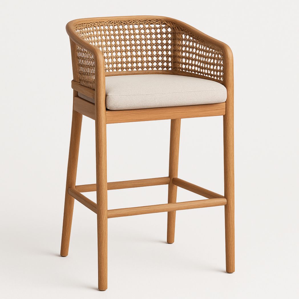 Silla Alta de Bar de Madera de Roble con Asiento de Algodón y Respaldo de Ratán, 107x50x50 cm-Villageforms