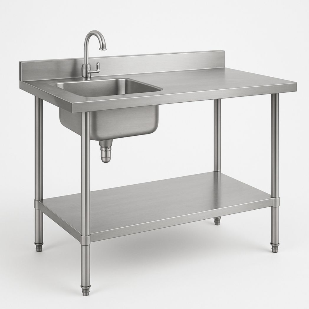 Mesa de Trabajo con Fregadero de Acero Inoxidable Plata 95x150x60 cm-Villageforms