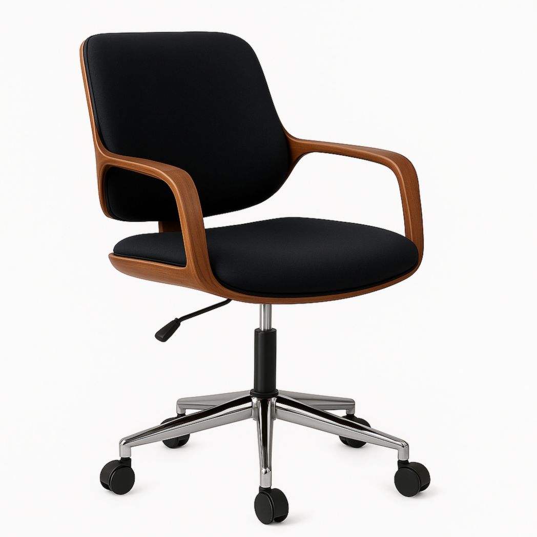 Silla de Oficina Ajustable de Tela de Poliéster con Base de Madera y Metal Cromado Negro 85x50x55 cm-Villageforms