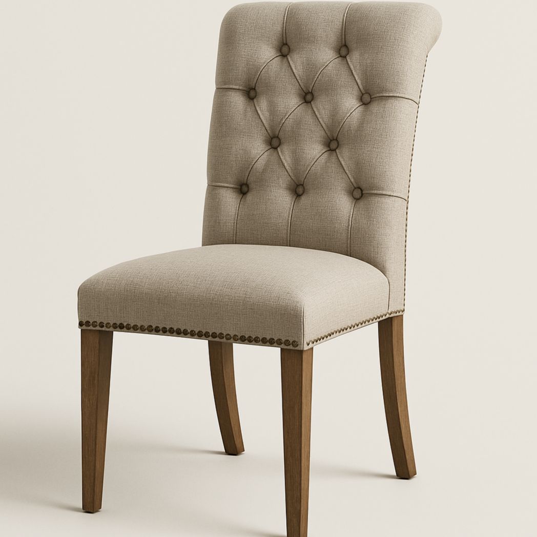 Silla de Comedor Tapizada en Lino con Respaldo y Patas de Madera Maciza Beige 96x50x60 cm-Villageforms