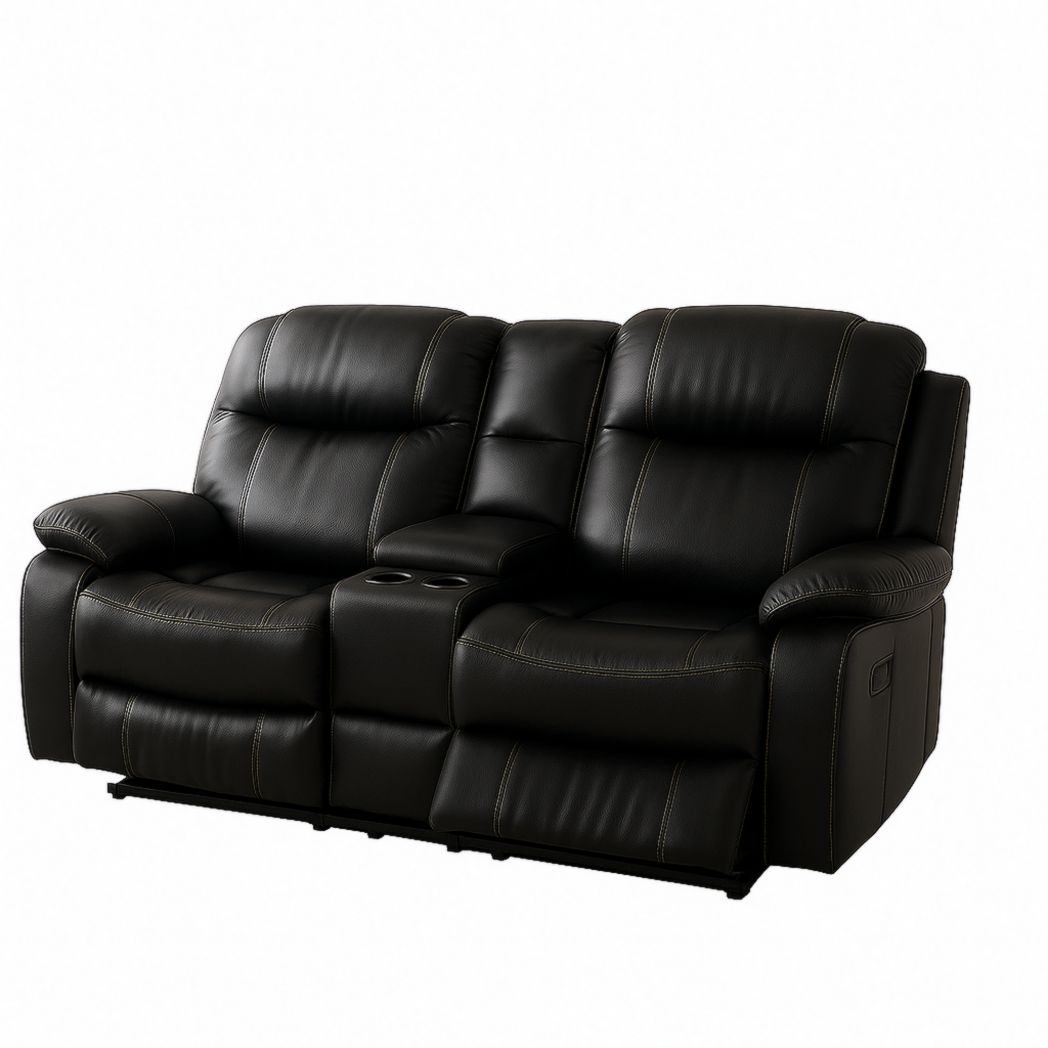 Sofá reclinable de 2 plazas en cuero sintético negro con portavasos 160x90x100 cm-Villageforms