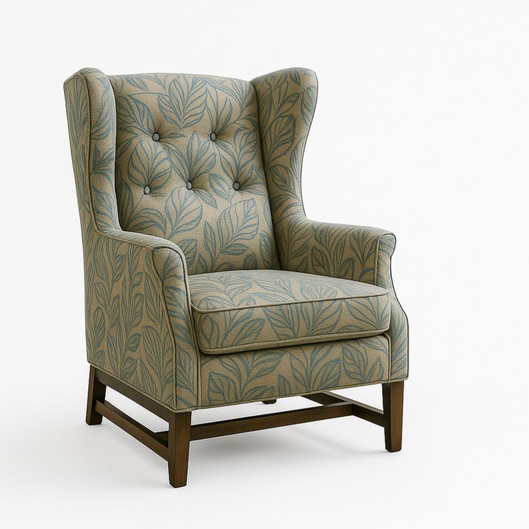 Sillón orejero tapizado en poliéster con estructura de madera maciza floral verde/azul 110x80x85 cm-Villageforms