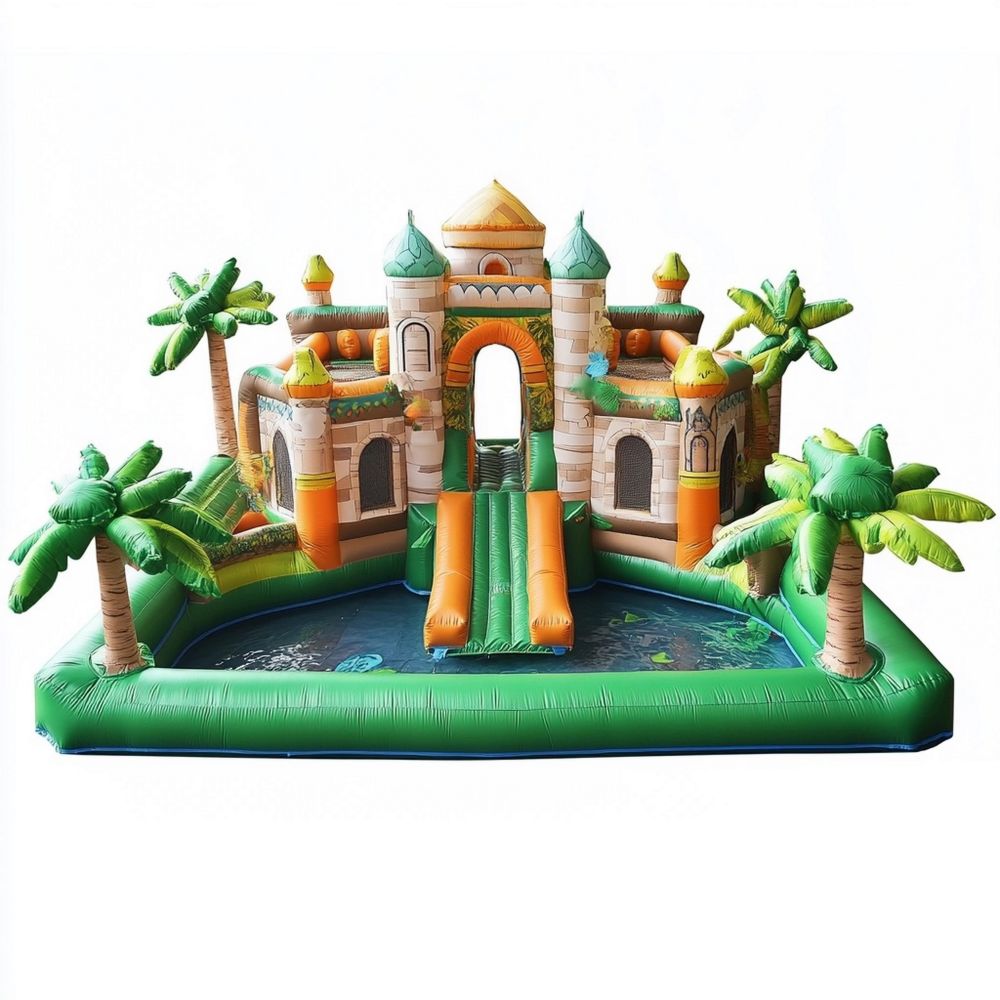Castello Gonfiabile per Bambini con Scivolo e Piscina in PVC Verde/Arancione
