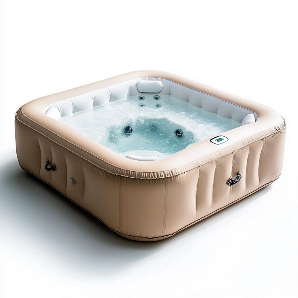 Vasca Idromassaggio Gonfiabile Quadrata in PVC Beige con Pannello di Controllo Digitale, 185x185x65 cm