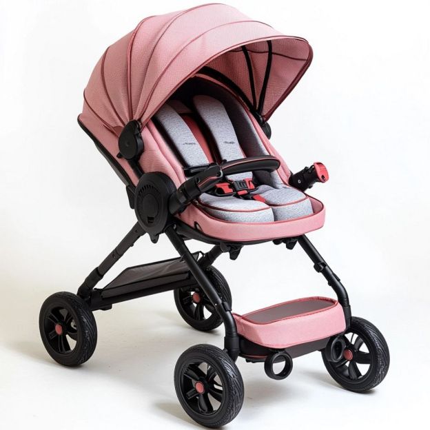 Passeggino per Bambini Telaio in Alluminio Rosa/Nero con Sedile Regolabile e Cintura di Sicurezza a Cinque Punti