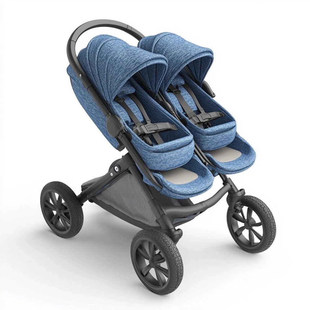 Passeggino Gemellare Doppio Blu in Metallo e Tessuto con Posizioni Regolabili