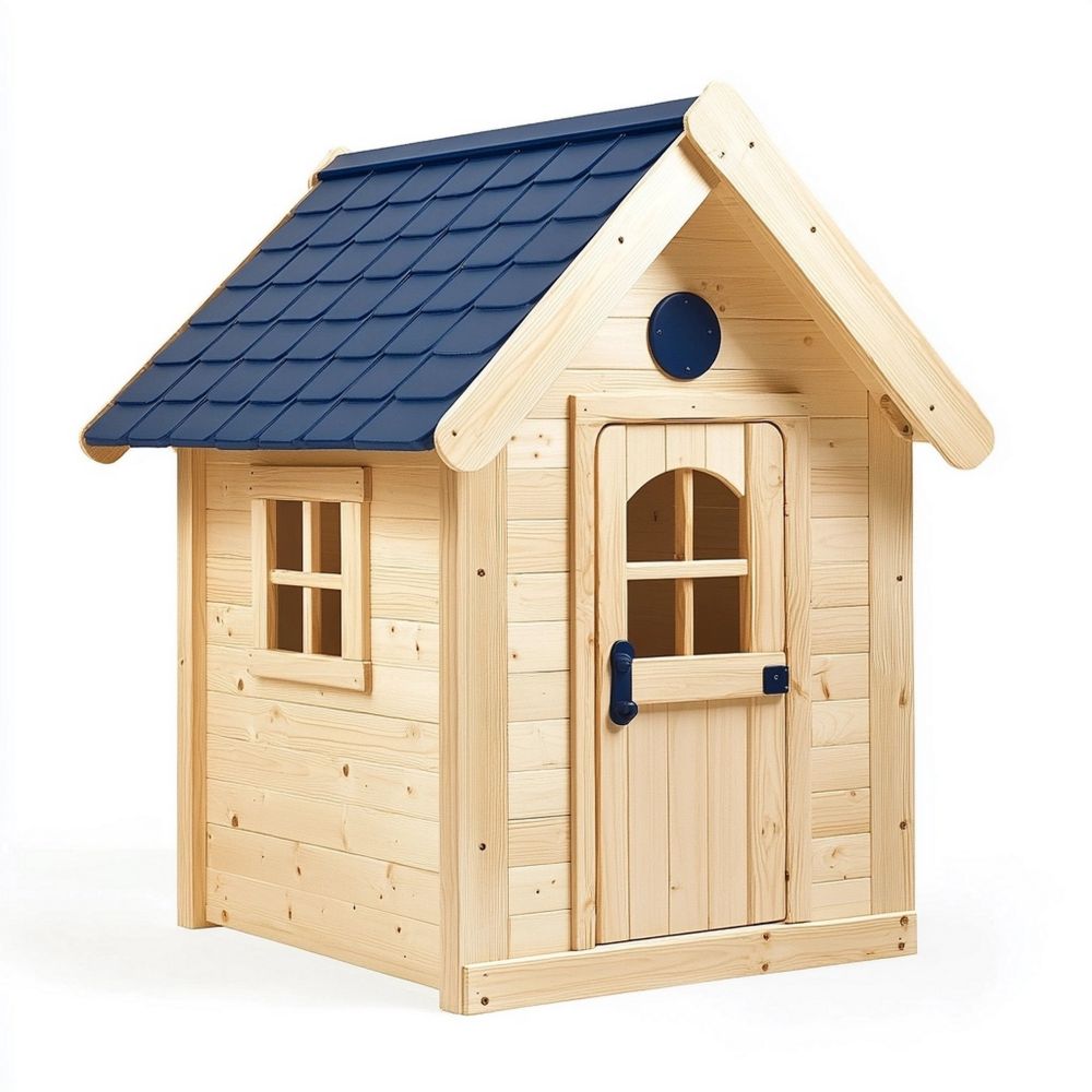 Casetta per Bambini in Legno Abete Naturale con Tetto in PVC Blu 110x95x130 cm