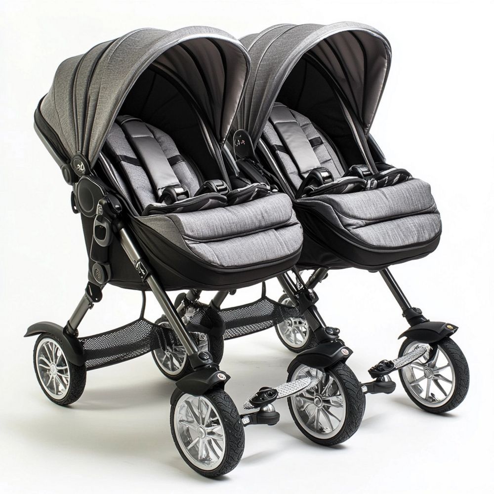 Passeggino Doppio Grigio Nero Pieghevole in Metallo e Tessuto 4 Ruote Regolabile