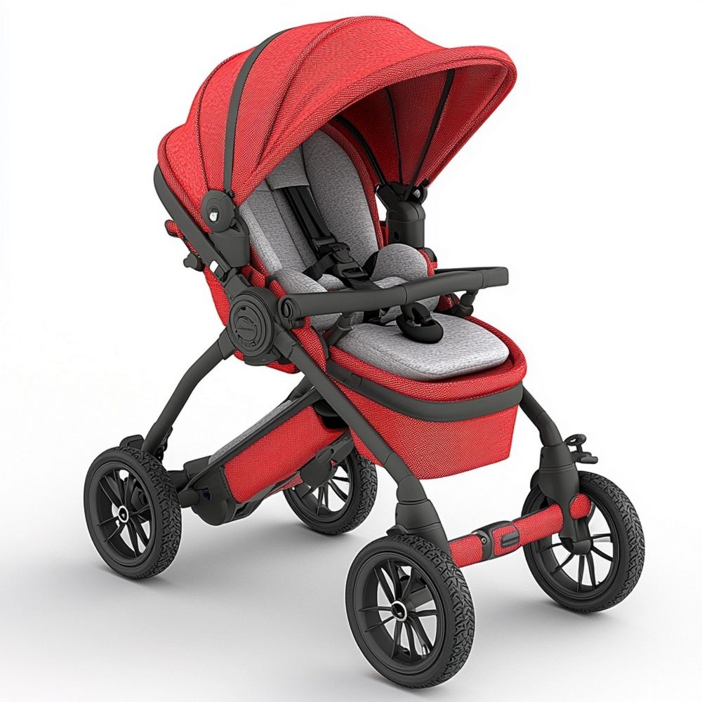 Passeggino per Bambini in Tessuto Poliestere Rosso Grigio con Struttura Pieghevole e Ruote in Gomma