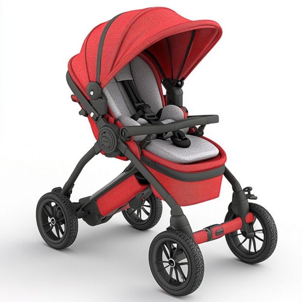 Passeggino per Bambini in Tessuto Poliestere Rosso Grigio con Struttura Pieghevole e Ruote in Gomma