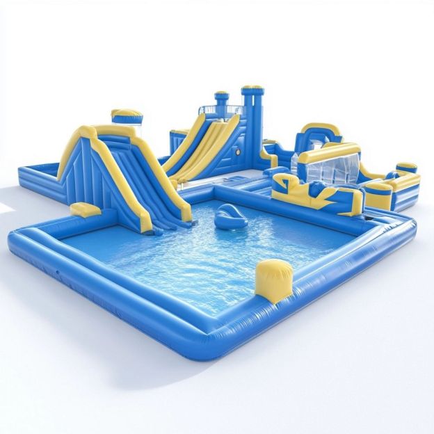 Gioco Gonfiabile Acquatico con Scivoli Multipli PVC Blu/Giallo 10m x 8m x 4m