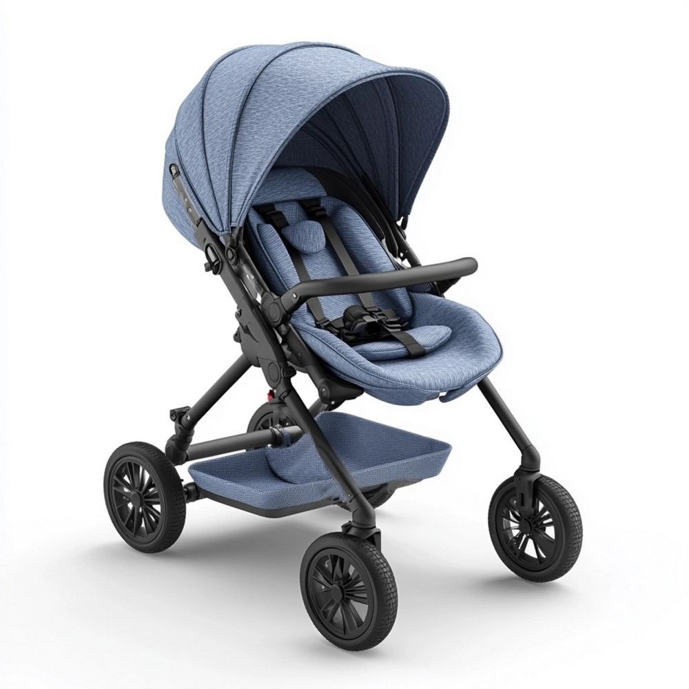Passeggino per Bambini in Tessuto Melange Blu con Ruote Ammortizzate e Struttura Pieghevole