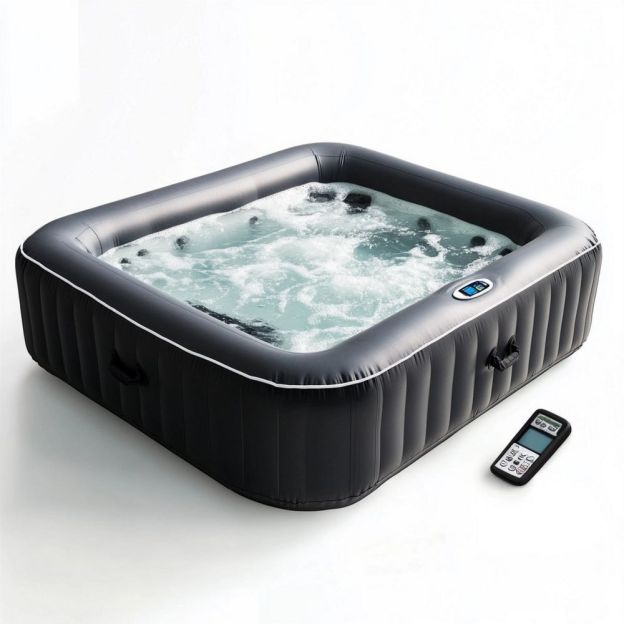 Vasca idromassaggio gonfiabile quadrata in PVC con telecomando, 185x185x65 cm, Nero